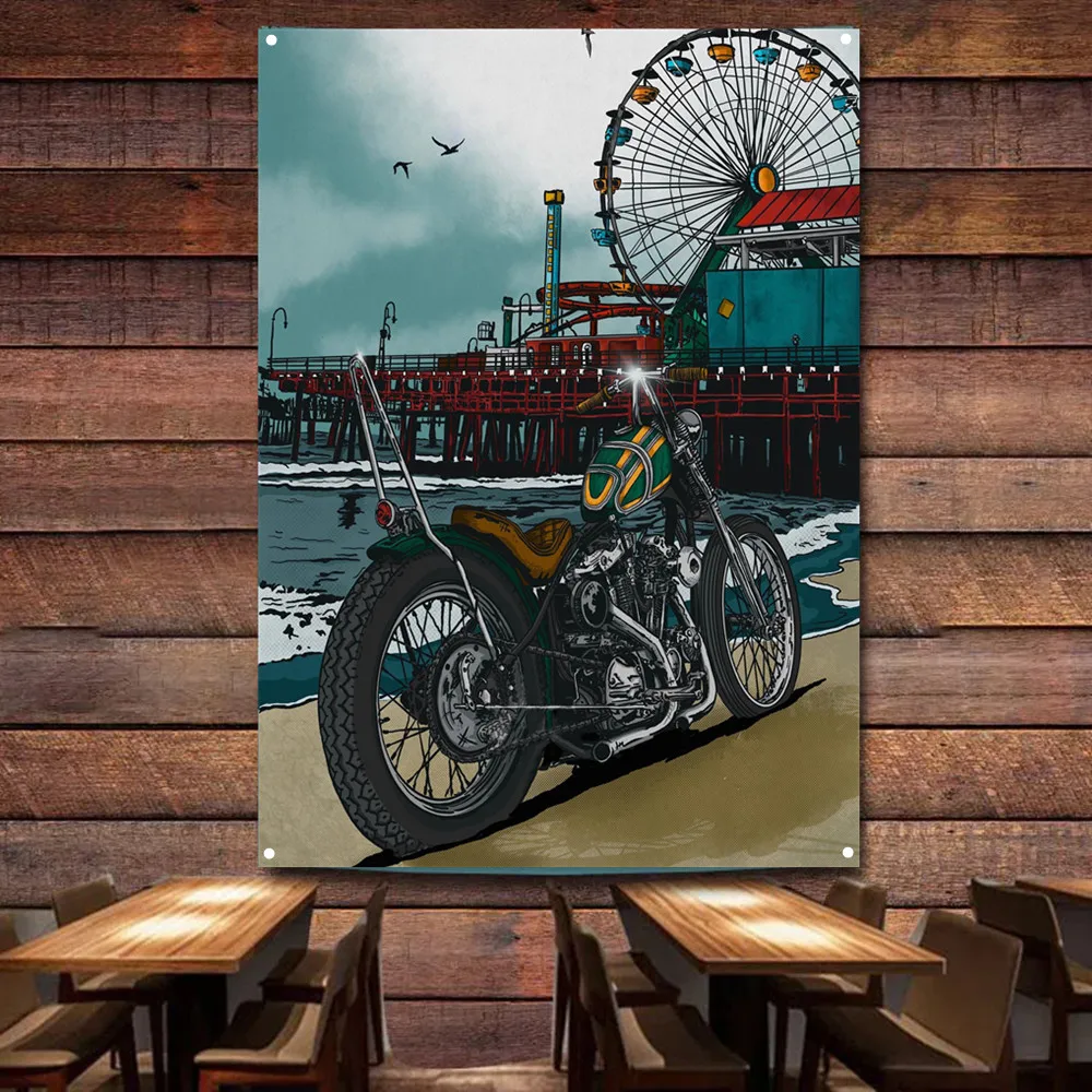 Seaside Motorcycle Art Poster  - Auto Repair Shop Banners 리뷰 및 가격