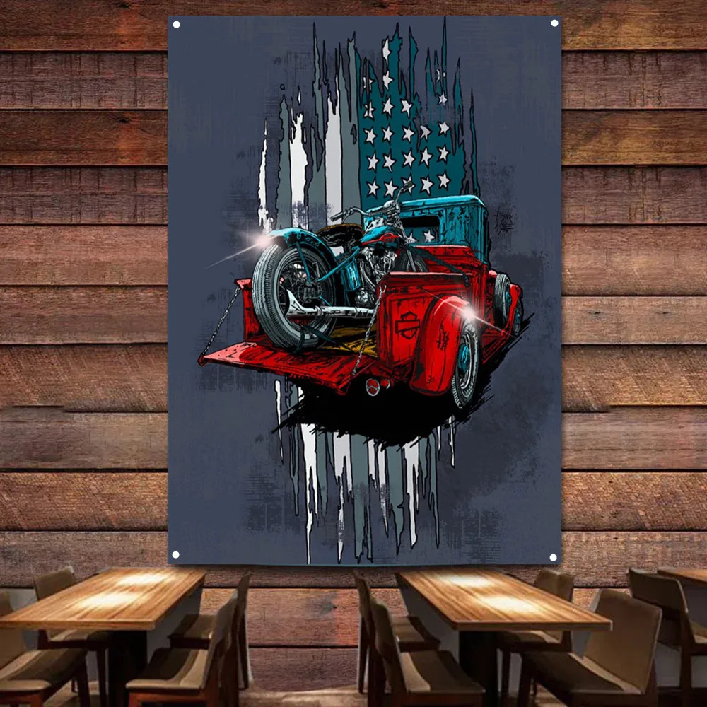 Motorcycle on Car Art Poster W - Auto Repair Shop Banners 리뷰 및 가격